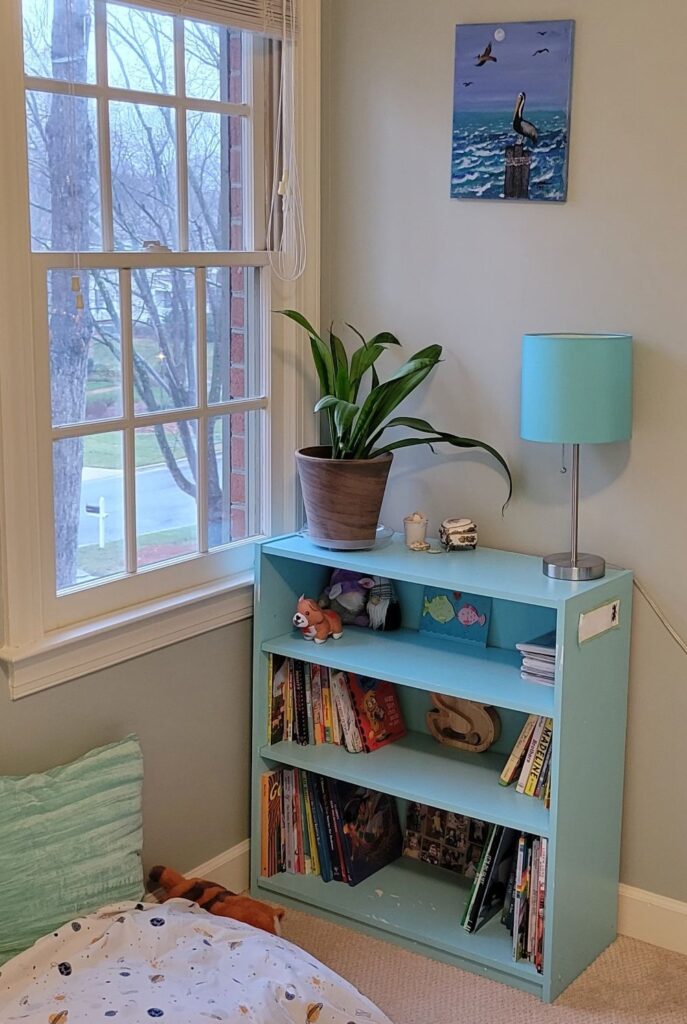 Create inviting corners in bedrooms such as this corner of the boys' bedroom with a small blue-painted bookcase filled with children's books, next to a small fold-out futon on the floor with pillows and plush animals. Above/in the corner is a window, and on top of the bookcase is a blue stick lamp, a snake plant, a few small decorative keepsakes, and a blue painting on the wall above