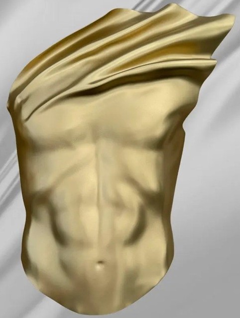 Photo of a gold metallic sculpted male corset that flairs up at one upper corner, which is not only wearable but makes for fantastic eccentric decor