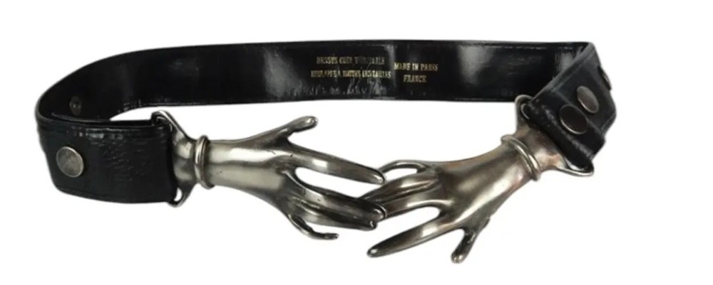 Wearable eccentric decor: vintage Edwardian-style black leather belt with metal clasped hands fastener