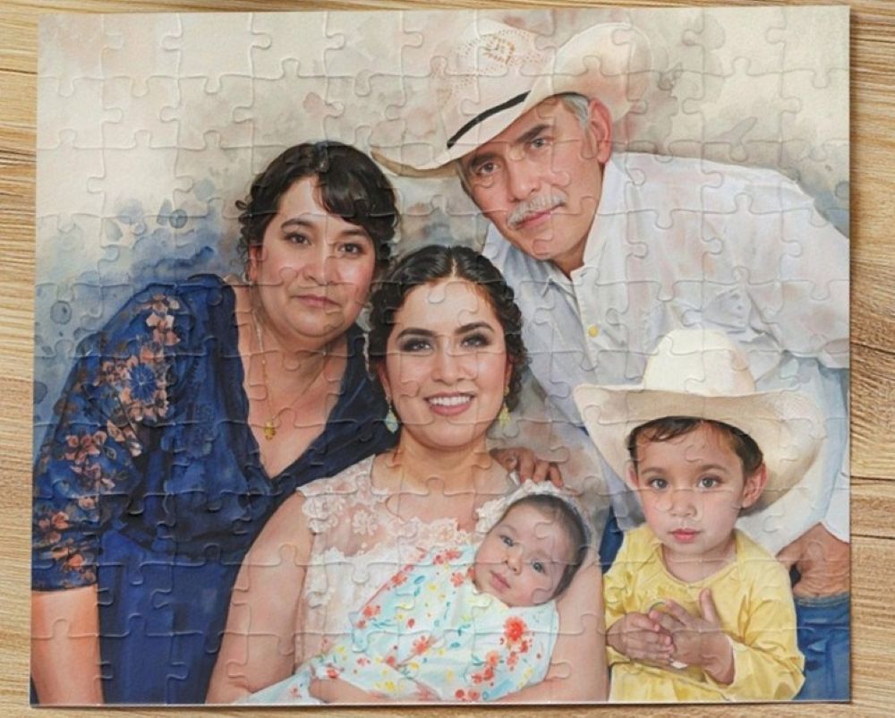 Personalized photo puzzles like the one shown in this photo of a family and baby posing together are small business gifts that are also sentimental and thoughtful.