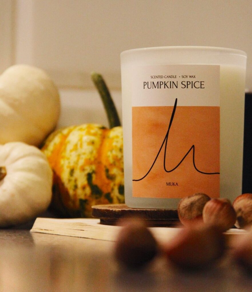 A candle in a frosted glass jar with a label reading 'Pumpkin Spice' and 'soy wax' sits atop a wood coaster on an open book amidst acorns and small pumpkins