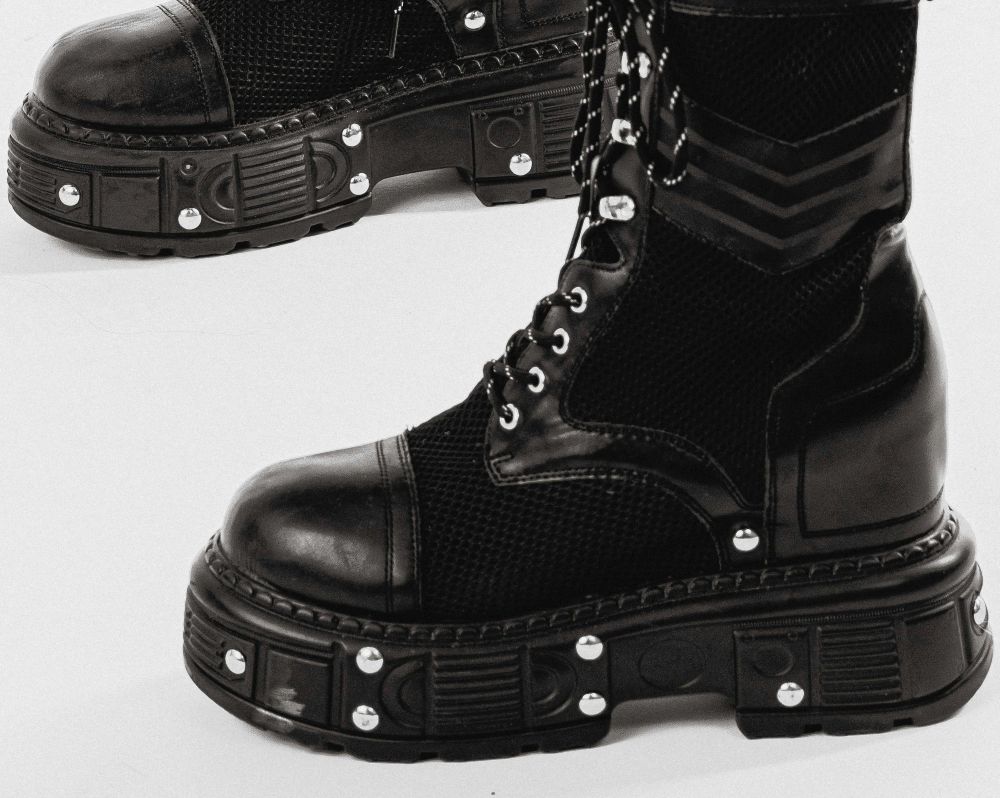 Babymetal-inspired classy Halloween costumes include black pleather and silver metal like these chunky platform combat boots with laces and metal stud detailing