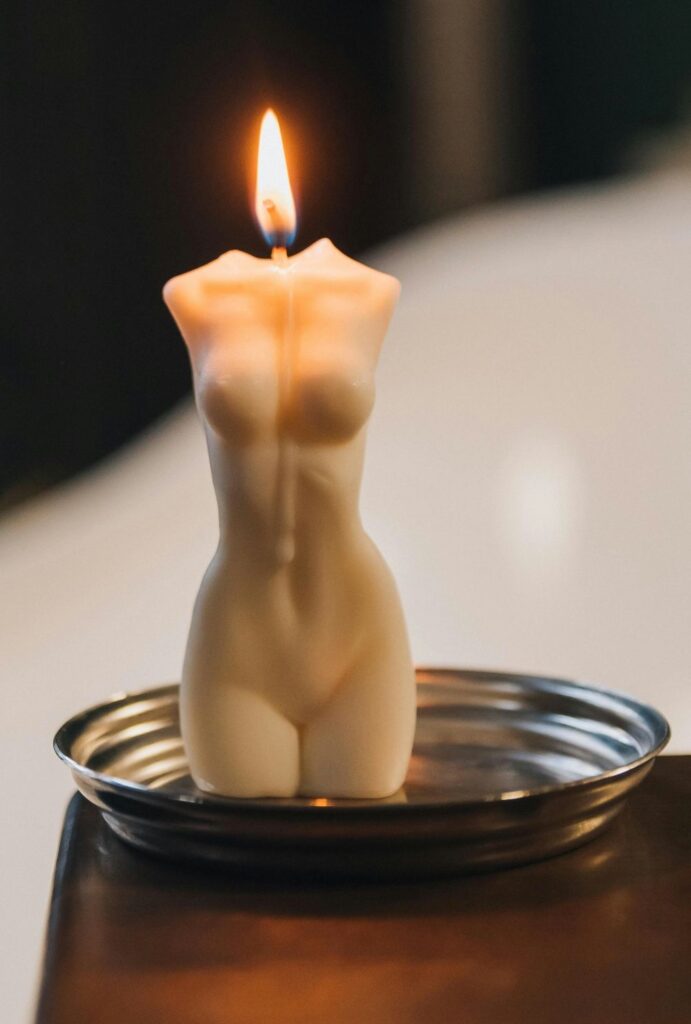 Close-up photo of yellow-coloured female torso-shaped candle standing in a round metal tray