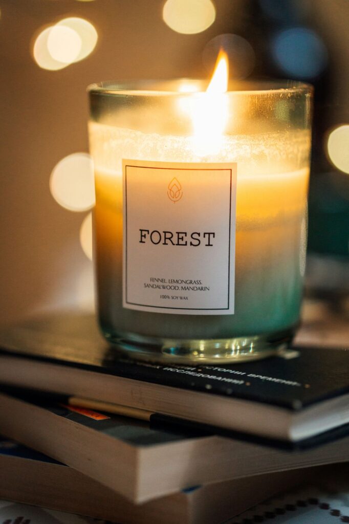 A candle in a clear glass jar sits atop a stack of books. Its label reads 'Forest' and, below, the scent description 'fennel, lemongrass, sandalwood, mandarin' as well as '100% soy wax' - just one of many amazing-smelling clean burning candles that evokes a specific place