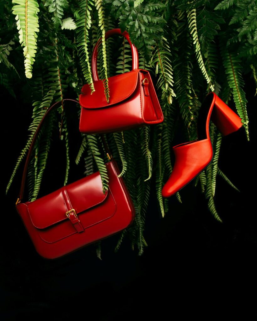 A red open-back heeled shoe, a red handbag, and a red purse hang among hanging green fern fronds, evidence that fashion is important enough to photograph accessories among cultivars