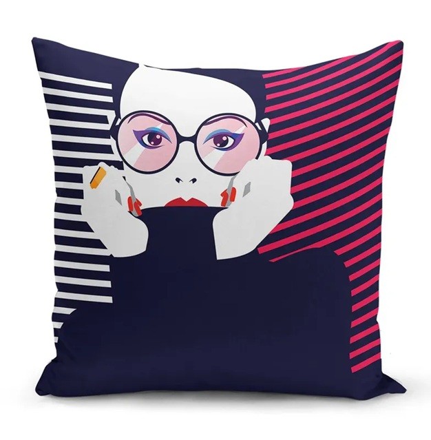 A throw pillow with a cover that makes for perfect lovecore decor: a woman's face with rose-tinted glasses and blue cat eye makeup, red nails, and red lips, pulling her black turtleneck halfway up her mouth, with black and white stripes in background on left side and pink and black stripes in background on white