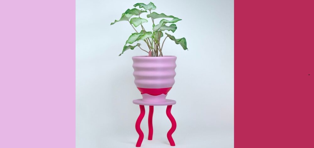 A light pink/lavender and pinkish-red coloured mini plant stand including three squiggly legs holding up the round base and draining tray holds a healthy green plant