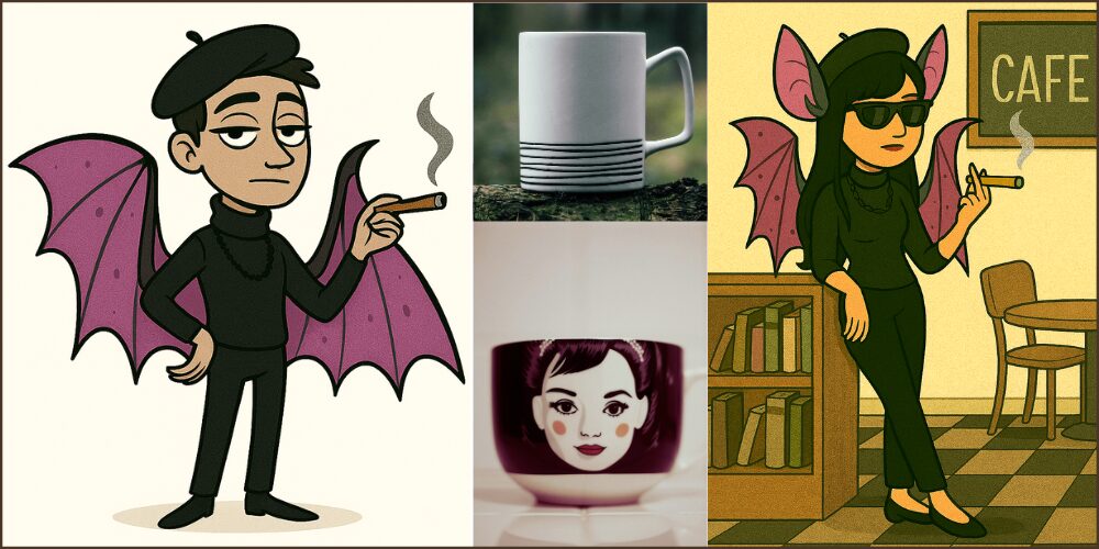 Collage with two photos of mugs, one atop the other, in center of image - Audrey Hepburn face mug on bottom and white mug with thin black stripes at bottom on top. To both left and right edges of photo are AI-generated images of beatnik people wearing bat wings, a man on left and woman on right, smoking cigarettes and looking aloof