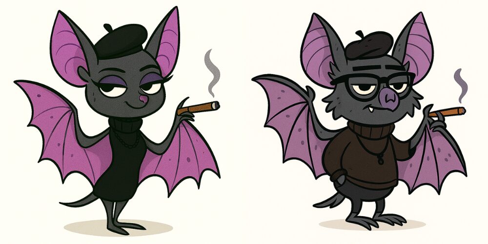 AI-generated images side-by-side of cartoon bats with beatnik style, smoking cigarettes (female bat on left and male bat on right)