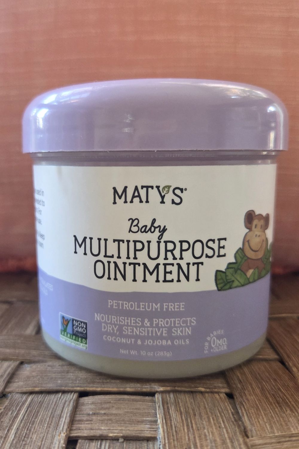 Closeup view of a jar periwinkle-coloured jar of Maty's Baby Multipurpose Ointment, used for diaper care but also for chapped skin anywhere (and for anybody) - one of the most useful household products for skincare