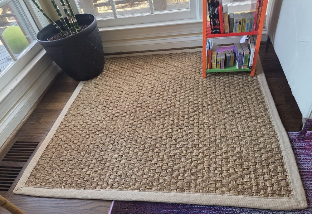 A natural-looking square rug in the corner of a sunroom along with a potted plant in the corner and colourful end table/shelves atop the rug next to a (partially-seen) white couch