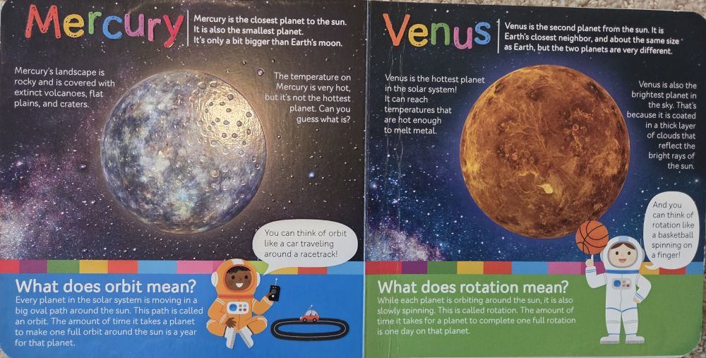 Top-down view of a couple of the inside pages of an open baby/toddler board book called 'Planets and the Solar System' showcasing Mercy and Venus with fun facts and other information for kids with engaging illustrations