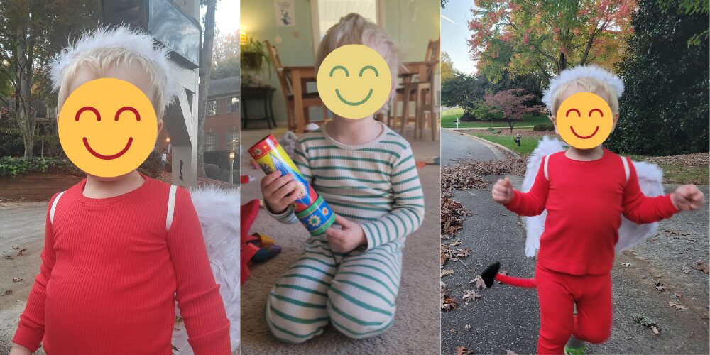 Collage of three photos of toddlers wearing cute and comfortable pyjamas (each with a graphic yellow smiley face overtop toddler's face for children's internet privacy): both photos on end show a toddler wearing bright red pyjamas and center photo shows a toddler wearing ivory-and-mint-striped pyjamas
