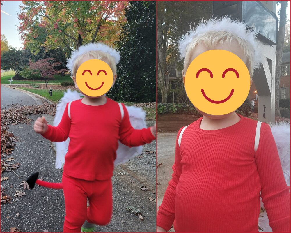Collage of two photos of a toddler wearing cute and comfortable bright red pyjamas (with a graphic yellow smiley face overtop his face for internet privacy) as the base of a devil/angel toddler Halloween costume under a red devil tail and white feather angel wings and halo