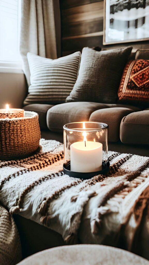 Two lit candles rest atop a folded textured blanket on a coffee table in front of a sofa with several cushions, all in natural colours/earth tones