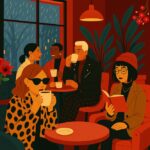 AI-generated illustration showing five people sitting in a cafe whilst chatting, sipping coffee, reading, and relaxing with a cold rain falling outside the window. Background images to either side of photo show red Chinese New Year lanterns, red Valentines hearts, and red flowers for a February love aesthetic