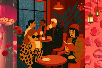 AI-generated illustration showing five people sitting in a cafe whilst chatting, sipping coffee, reading, and relaxing with a cold rain falling outside the window. Background images to either side of photo show red Chinese New Year lanterns, red Valentines hearts, and red flowers for a February love aesthetic