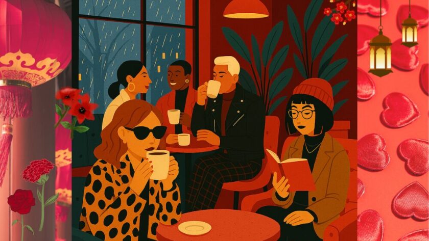AI-generated illustration showing five people sitting in a cafe whilst chatting, sipping coffee, reading, and relaxing with a cold rain falling outside the window. Background images to either side of photo show red Chinese New Year lanterns, red Valentines hearts, and red flowers for a February love aesthetic