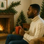 AI-generated image of a man in a cosy sweater resting by a fireside while savoring a hot beverage in a living room decorated with greenery
