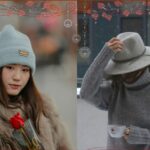 February fashion includes muted tones, warm hats, and warm chic coats and sweaters as seen in photo collage showing two photos: on left is close-up of young woman in light brown furry coat and soft gray hat holding a rose, and in photo on right is woman in soft gray turtleneck sweater and felt gray bowler hat holding a coffee mug in the falling snow