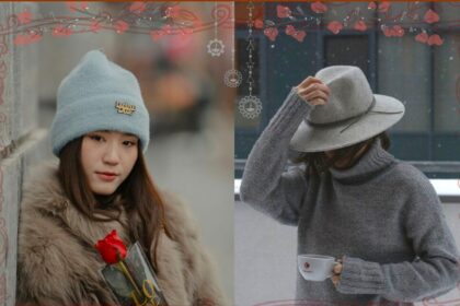 February fashion includes muted tones, warm hats, and warm chic coats and sweaters as seen in photo collage showing two photos: on left is close-up of young woman in light brown furry coat and soft gray hat holding a rose, and in photo on right is woman in soft gray turtleneck sweater and felt gray bowler hat holding a coffee mug in the falling snow