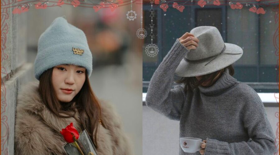 February fashion includes muted tones, warm hats, and warm chic coats and sweaters as seen in photo collage showing two photos: on left is close-up of young woman in light brown furry coat and soft gray hat holding a rose, and in photo on right is woman in soft gray turtleneck sweater and felt gray bowler hat holding a coffee mug in the falling snow