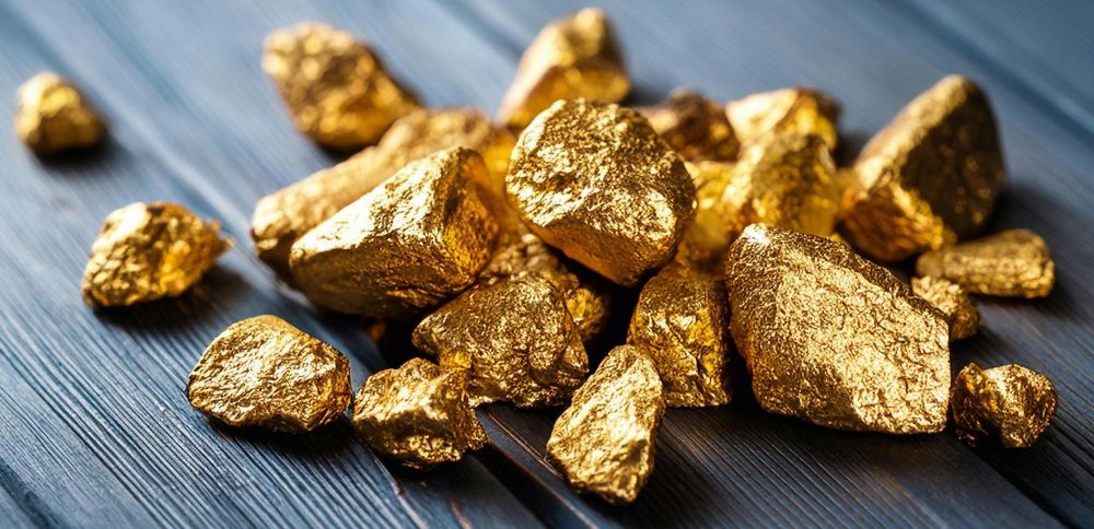 Close-up photo of a pile of gold nuggets atop a wood plank table