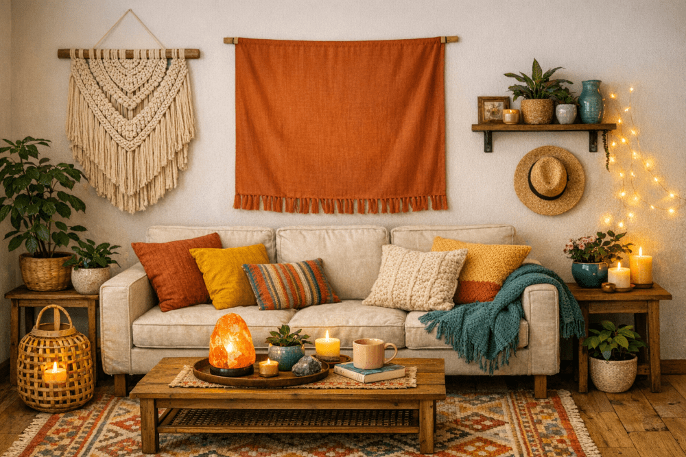 An AI-generated image showing a living room decorated in earth tones and soft-textured furnishings. Decorating on a budget includes all of the items showcased here including ample throw pillows, macrame and cloth decor hanging on the wall, potted plants, pillar candles, small glazed pottery/vases, a salt lamp, and woven rug amidst modest neutral furniture (beige sofa, two small wooden end tables, and wooden coffee table)