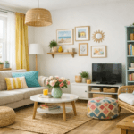 Decorating on a budget with light cool hues: an AI-generated image of a living room with various soft decor items such as throw pillows, ottoman poufs, throw blankets, and wicker rug and chair, in colours like light blue, muted coral, mustard yellow and white. A vase of flowers, some house plants, a candle, and some modest and tactful wall decor and books and other items on bookshelves comprise decor