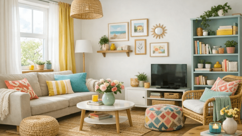 Decorating on a budget with light cool hues: an AI-generated image of a living room with various soft decor items such as throw pillows, ottoman poufs, throw blankets, and wicker rug and chair, in colours like light blue, muted coral, mustard yellow and white. A vase of flowers, some house plants, a candle, and some modest and tactful wall decor and books and other items on bookshelves comprise decor