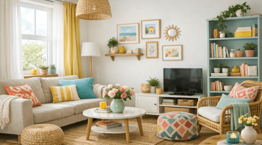 Decorating on a budget with light cool hues: an AI-generated image of a living room with various soft decor items such as throw pillows, ottoman poufs, throw blankets, and wicker rug and chair, in colours like light blue, muted coral, mustard yellow and white. A vase of flowers, some house plants, a candle, and some modest and tactful wall decor and books and other items on bookshelves comprise decor